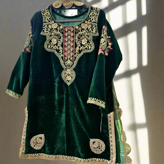 Pakistani Velvet Embroidered Stitched Suit 3 PC Shalwar Kameez