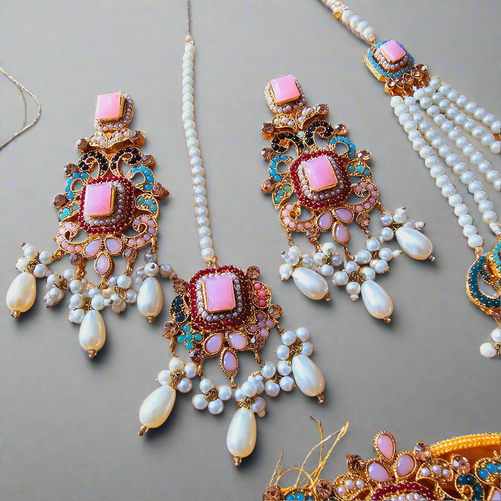 Kundan Choker Set || Tea Pink Jhumar Teeka Neckline Bridal Set