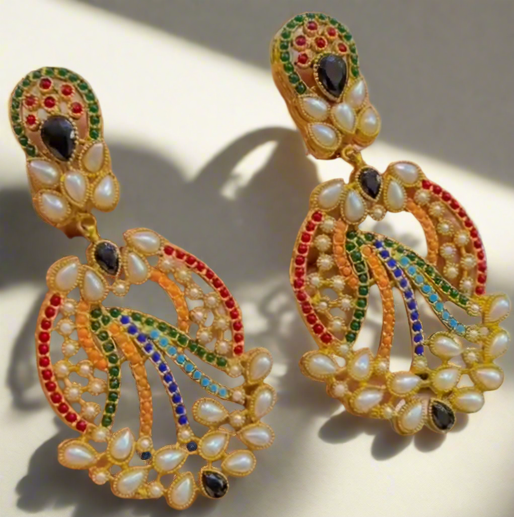 Nauratan Earrings Gold Plated Premium Quality / Indian Pakistani Shaadi Jhumkas