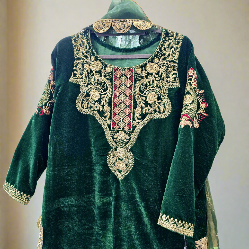 Pakistani Velvet Embroidered Stitched Suit 3 PC Shalwar Kameez