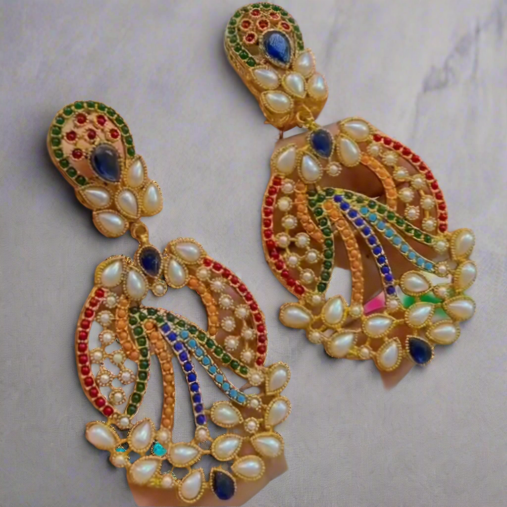 Nauratan Earrings Gold Plated Premium Quality / Indian Pakistani Shaadi Jhumkas