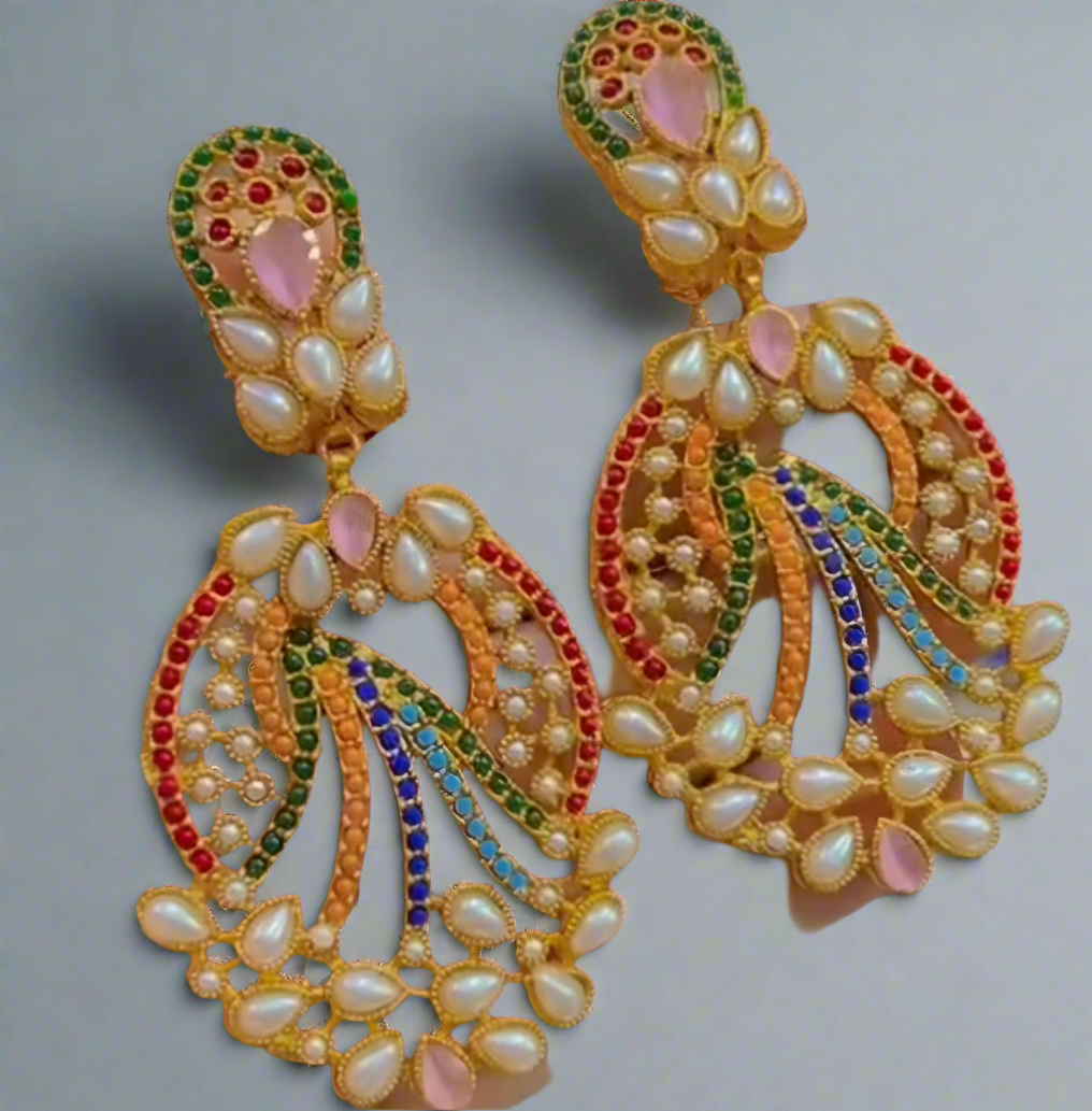 Nauratan Earrings Gold Plated Premium Quality / Indian Pakistani Shaadi Jhumkas