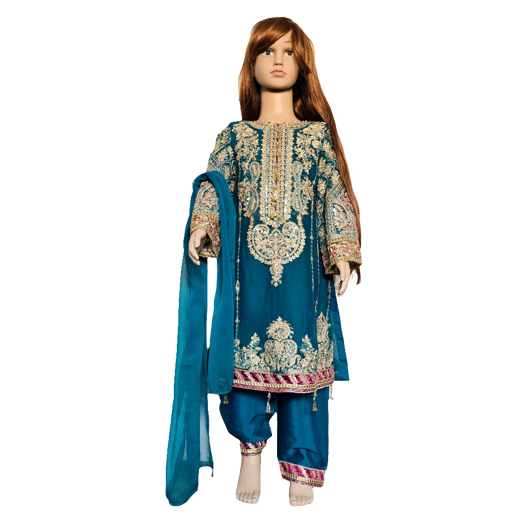 Eid Collection 2025 | Baby Girl Bottle Green Embroidered 3Pc Kameez Shalwar for Eid & Party wear