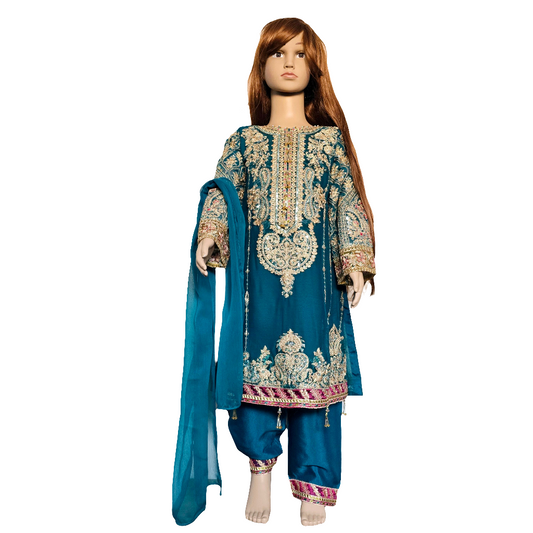Eid Collection 2025 | Baby Girl Bottle Green Embroidered 3Pc Kameez Shalwar for Eid & Party wear