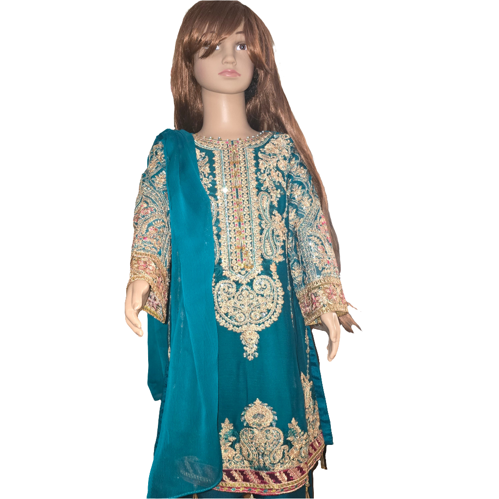 Eid Collection 2025 | Baby Girl Bottle Green Embroidered 3Pc Kameez Shalwar for Eid & Party wear